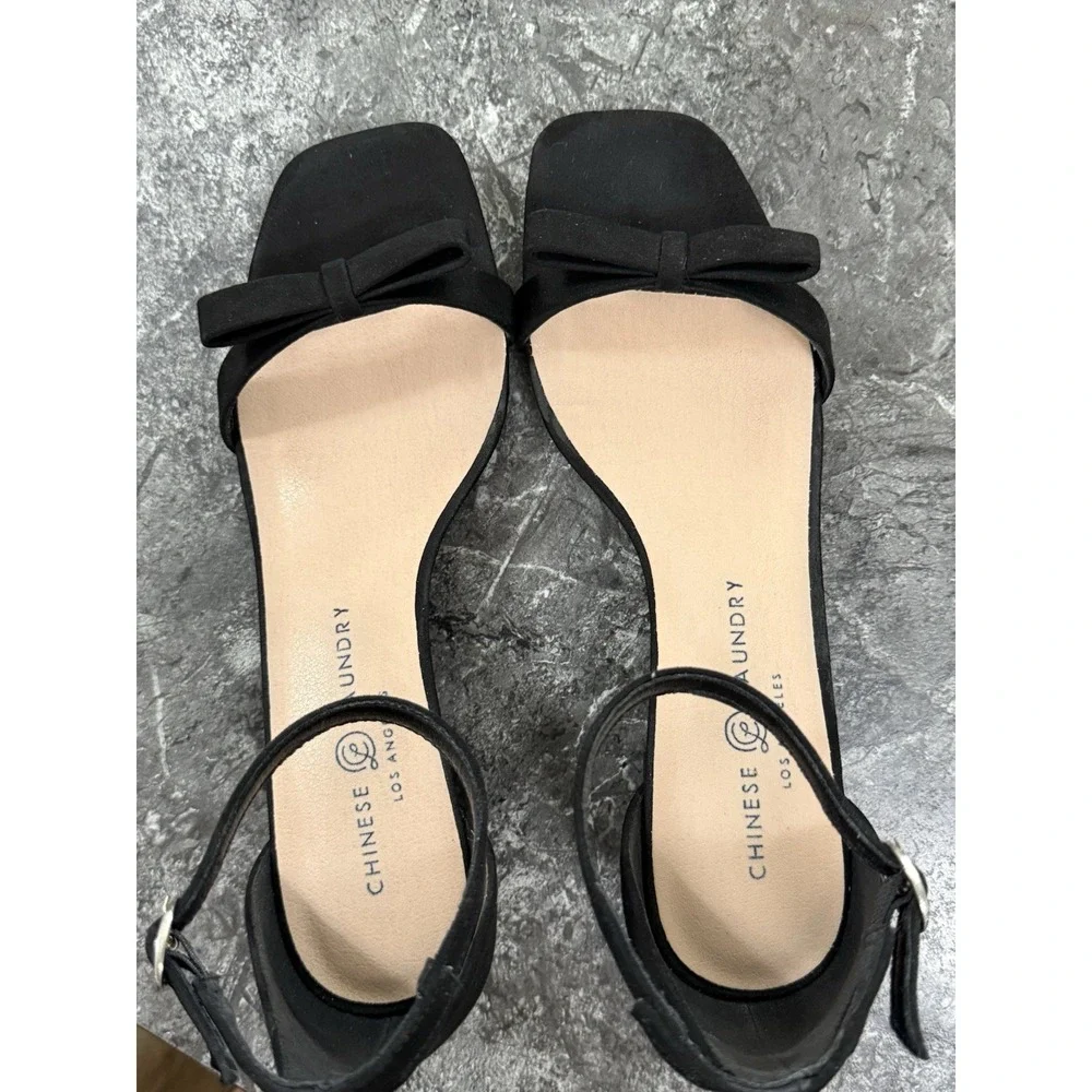 Chinese Laundry Bow Detail Open Toe Block Heel Sandals Faux Suede Black 9